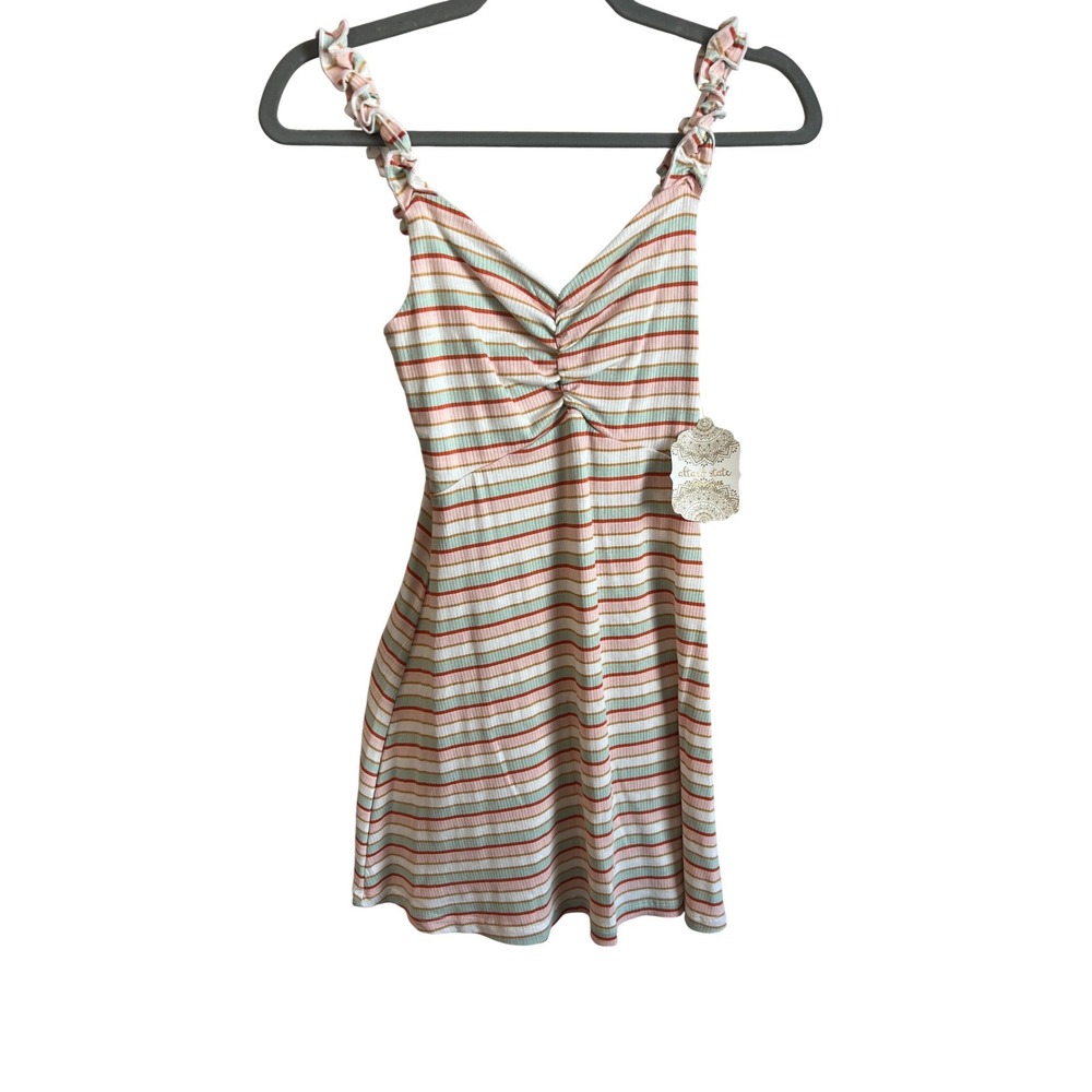 Altar'd State Striped Ribbed Mini Dress Sage Coral Ruffle Strap XS E0128L093JD